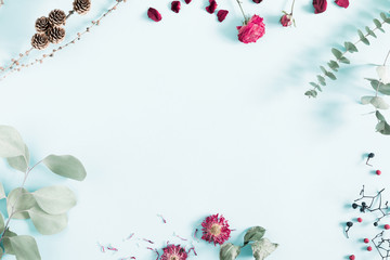Autumn creative, modern composition. Frame made of berries, eucalyptus leaf, dry roses, petals on white background. Autumn, fall elegant concept. Flat lay, top view, copy space