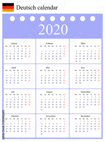 Deutsch calendar for 2020 year. Week starts monday.