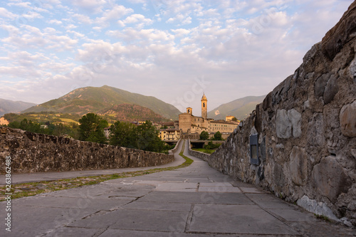 Magnificent image of the medieval village of Bobbio and the famous "Ponte Gobbo"