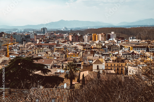 Cityscape, view of Girona, Catalonia, Spain. The Girona Cathedral. View from the city wall