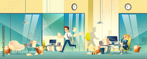 Chaos in company office cartoon vector with hurrying, busy business people, scattered documents and mess in office interior illustration. Difficult day at work, project deadline terms failure concept