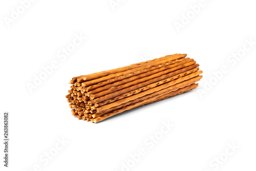 Cracker pretzel sticks isolated on white background.