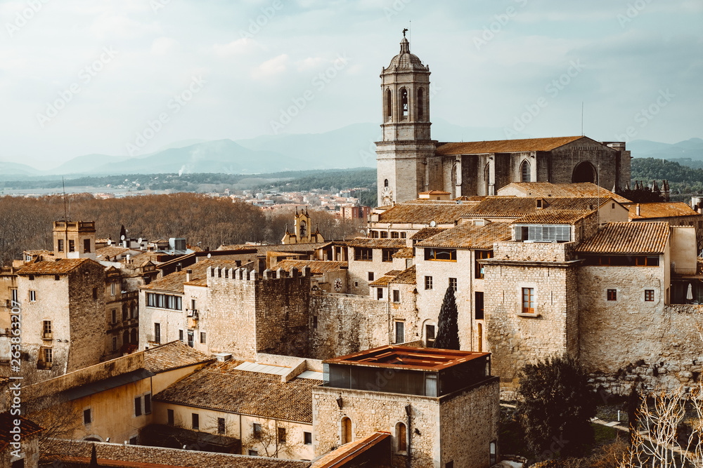 Cityscape, view of Girona, Catalonia, Spain. The Girona Cathedral, also known as the Cathedral of Saint Mary of Girona