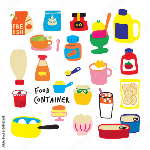 food packaging doodle element, food container, Food doodle line art design element set, wallpaper