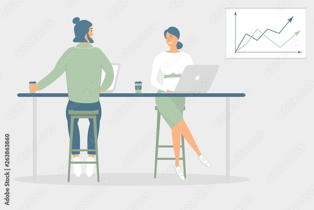 Woman and man friends or colleagues sitting at desk in modern office,working at notebook and tablet,have coffee, talking.Effective and productive teamwork.Hand drawn style vector illustrations Woman and man friends or colleagues sitting at desk in modern office,working at notebook and tablet,have coffee, talking.Effective and productive teamwork.Hand drawn style vector illustrations