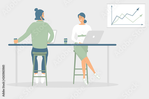 Woman and man friends or colleagues sitting at desk in modern office,working at notebook and tablet,have coffee, talking.Effective and productive teamwork.Hand drawn style vector illustrations