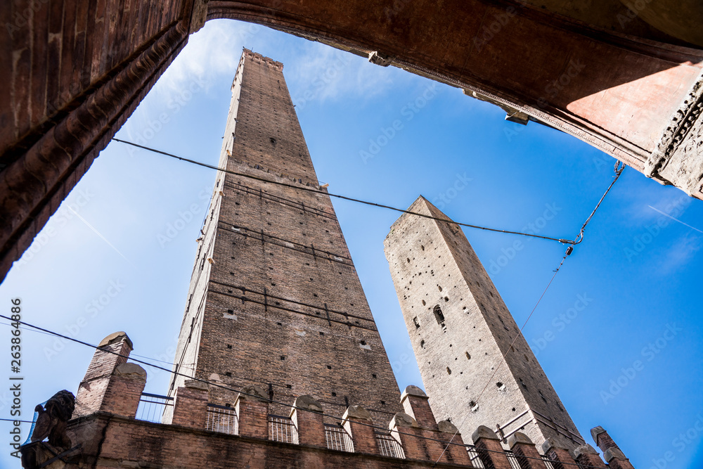 Garisenda Asinelli tower on Piazza di Porta Ravagna in Bologna, Italy