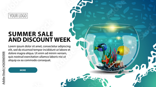 Summer sale and discount week, modern web banner for your website with round aquarium with fish