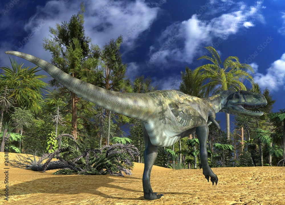 Fototapeta premium Dinosaur 3d illustration against the background of the Mesozoic Forest