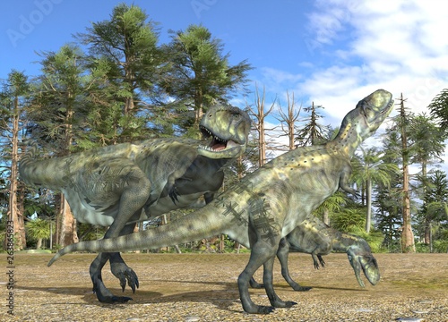 Fototapeta Naklejka Na Ścianę i Meble -  Dinosaurs 3d illustration against the background of the Mesozoic Forest