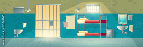 Prison cell for criminals. Interior with cracked floor, scratched, brick wall, grid door, bunk beds, washbasin, toilet. Jail double room facility for dangerous prisoners. Cartoon vector illustration.
