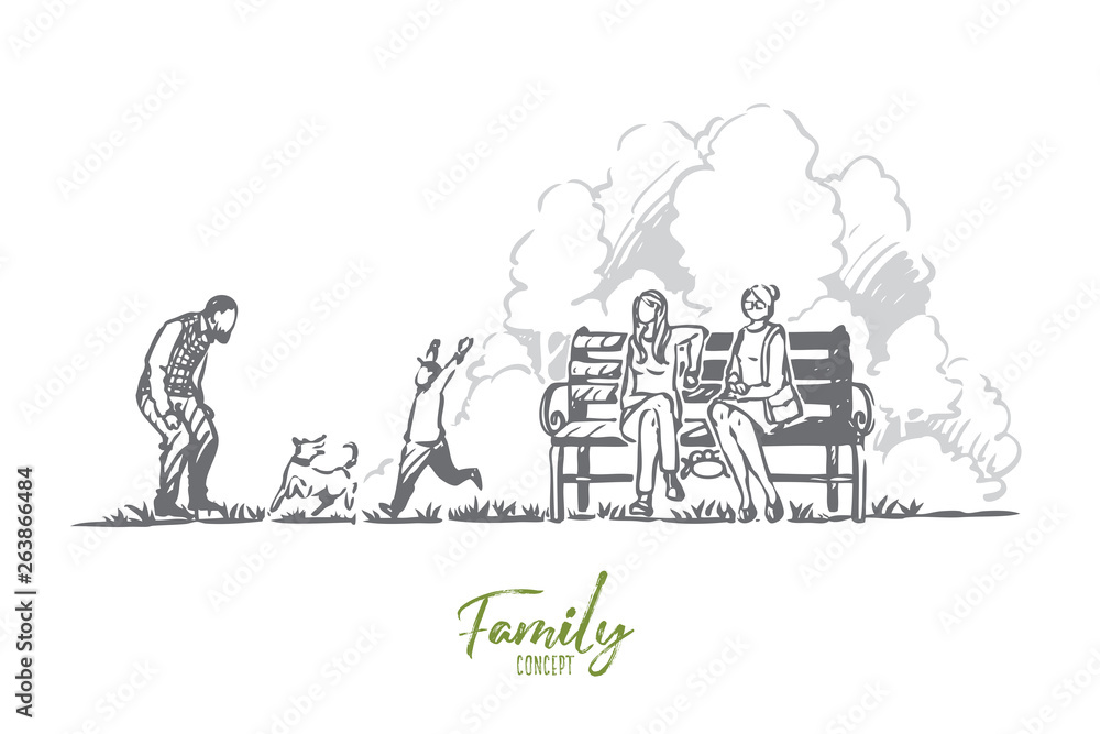 Family, spring, park, dog, nature concept. Hand drawn isolated vector.