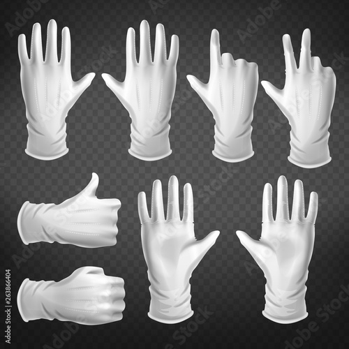 Hand gestures in different positions isolated on transparent background. Human palm dressed in white glove show, pointing, holding and represent fingers and thumb up. Realistic 3d vector illustration.