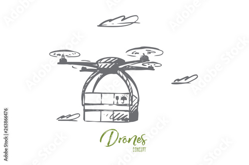 Drone, delivery, box, technology, transportation concept. Hand drawn isolated vector.