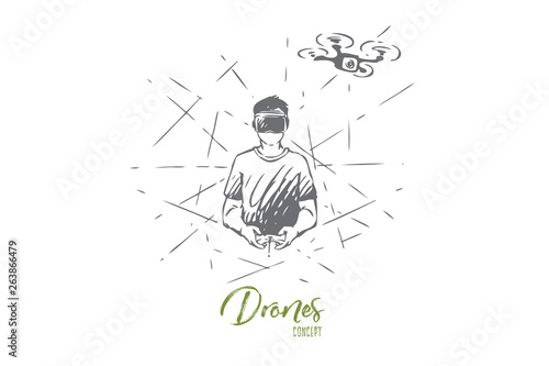 Remote, control, drone, fly, man concept. Hand drawn isolated vector.