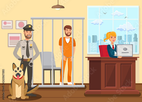 Policeman Guarding Suspect Vector Illustration