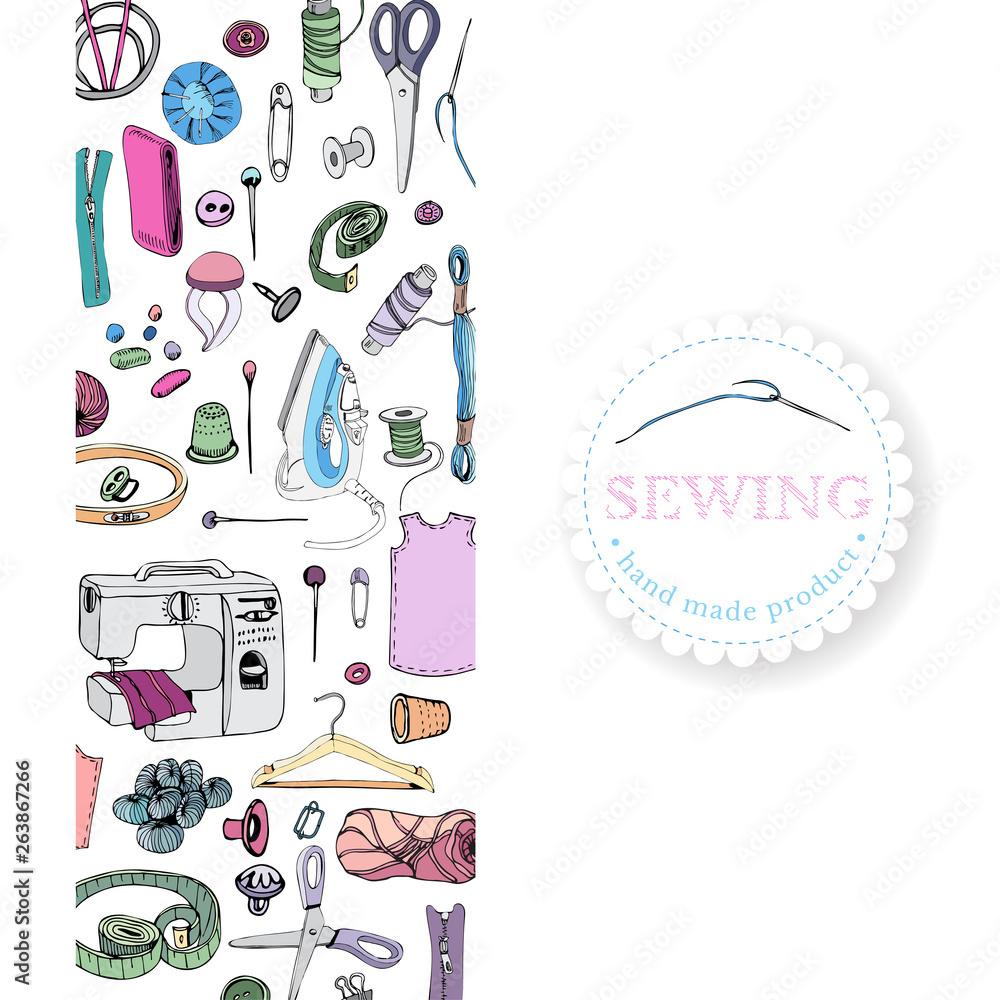 Vertical rectangle composition with   items for sewing. Hand drawn ink and colored sketch of different elements isolated on white background.