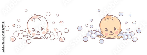 Baby bathe in the tub / Vector illustration, little child is sitting in a bath with foam