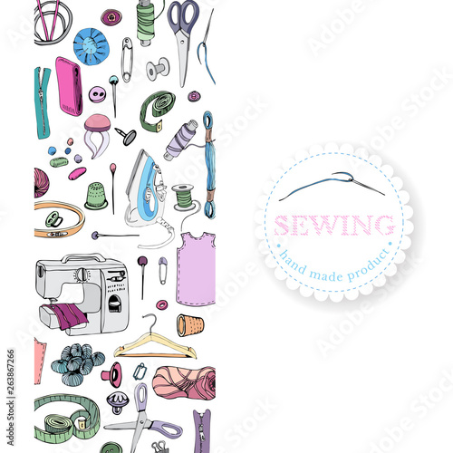 Vertical rectangle composition with items for sewing. Hand drawn ink and colored sketch of different elements isolated on white background.