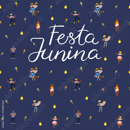 Festa Junina poster with dancing people, musicians, lanterns, bonfire, Portuguese text. Hand drawn vector illustration. Flat style design. Concept for traditional Brazilian holiday banner, flyer.