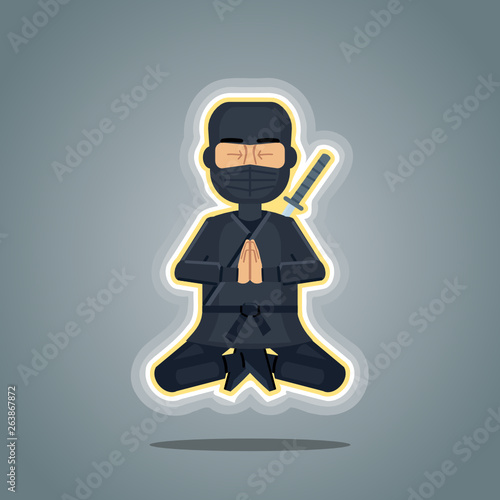 Illustration of a meditating ninja. Peaceful ninja in black clothing isolated on abstract background. Flat style vector illustration