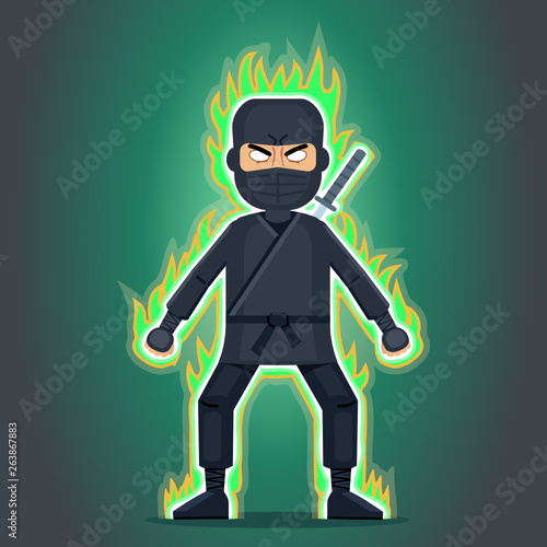 Illustration of a ninja concentrating powerful energy. Confident ninja in rage. Flat style vector illustration