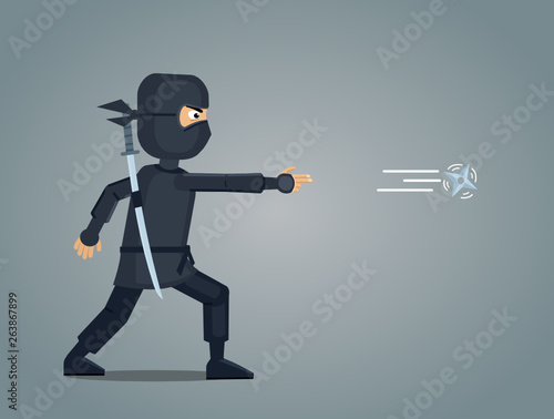 Illustration of a ninja throwing a star. Ninja sudden distant attack. Ninja in black clothes. Flat style vector illustration