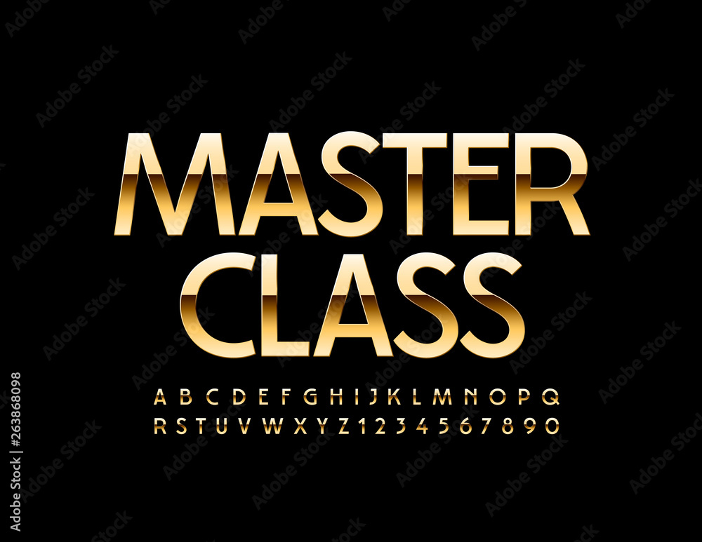 Fototapeta Vector stylish Sign Master Class with golden Font. Exclusive Alphabet Letters, Numbers and Symbols