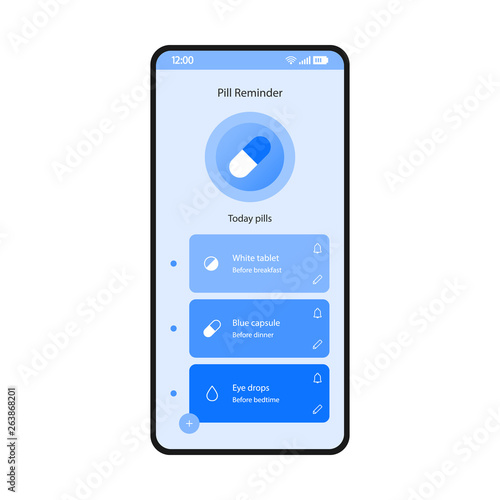 Pill reminder app smartphone interface vector template