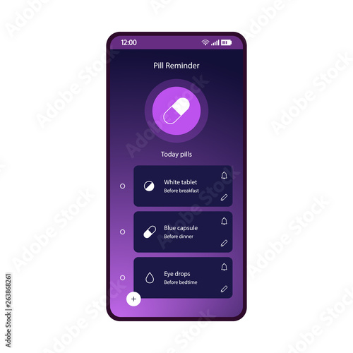Pills, med reminder app smartphone interface vector template