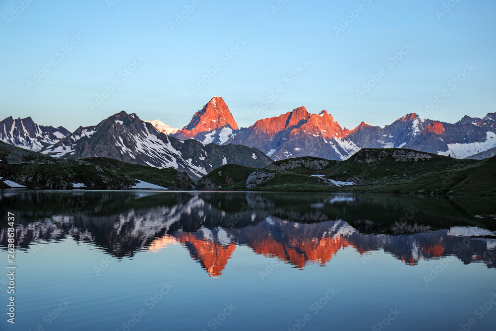 Lacs de Fenetre with reflection at the sunrise and Grand Jorasses; Val Ferret; Mont Blanc; Col de Grand Saint Bernard at the mountain background, Switezrland