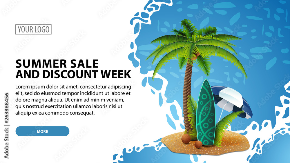 Summer sale and discount week, modern web banner for your website with palm, coconuts, beach umbrella and surf Board