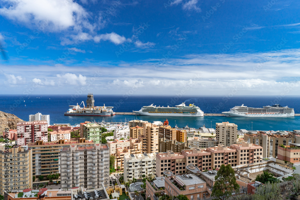 Port of Santa Cruz de Tenerife with cruise ships. view from the top view city foreground