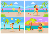 Children having fun by seaside vector, kids playing at beach. Boy eating watermelon sitting on sand, girl listening to seashell, child with kite, ice cream
