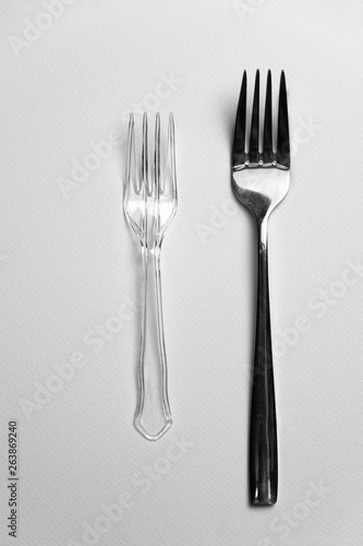 plastic and metal silver fork for food or environmental recycle on white background