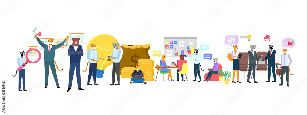 Fototapeta premium Business activities vector, hipster animals with money and presentation with info on board, tiger and bear, sloth and raccoon workers with money in bag