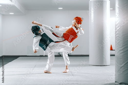 Canvas Print Sporty Caucasian boys having taekwondo training in white gym and kicking each other