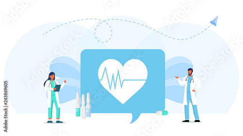 Male and female doctor in white coats are standing next to the cardiogram icon of the heart. Online medical consultation and support. Online doctor. Healthcare services, Ask a doctor.