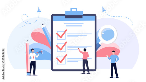 Businessman holding pencil at complete checklist with tick marks. Business organization and achievements of goals vector concept. Check list with done mark, businessman with questionnaire on clipboard