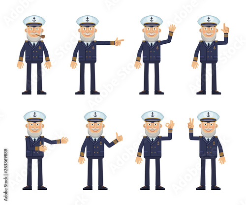 Set of old navy captain characters showing different hand gestures. Cheerful skipper showing thumb up gesture, this way, greeting, waving, pointing up, victory sign. Flat style vector illustration