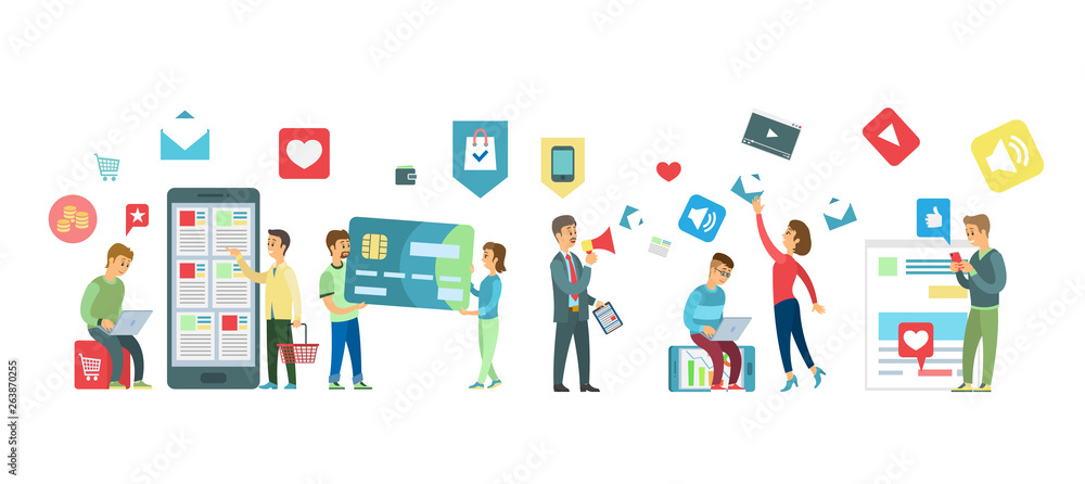 People shopping online vector, man and woman with credit card flat style. Ecommerce and quick purchases, consumerism clients buying from internet shops
