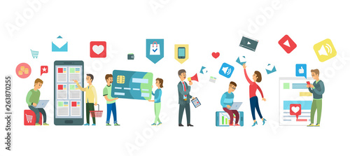 People shopping online vector, man and woman with credit card flat style. Ecommerce and quick purchases, consumerism clients buying from internet shops