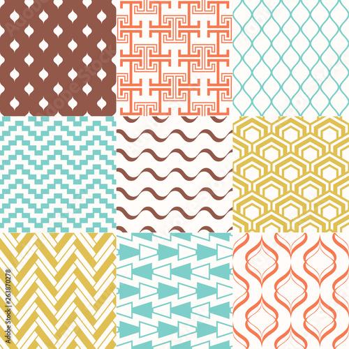 Set of colorful trendy retro geometric seamless patterns for interior design. Vector backgrounds collection 