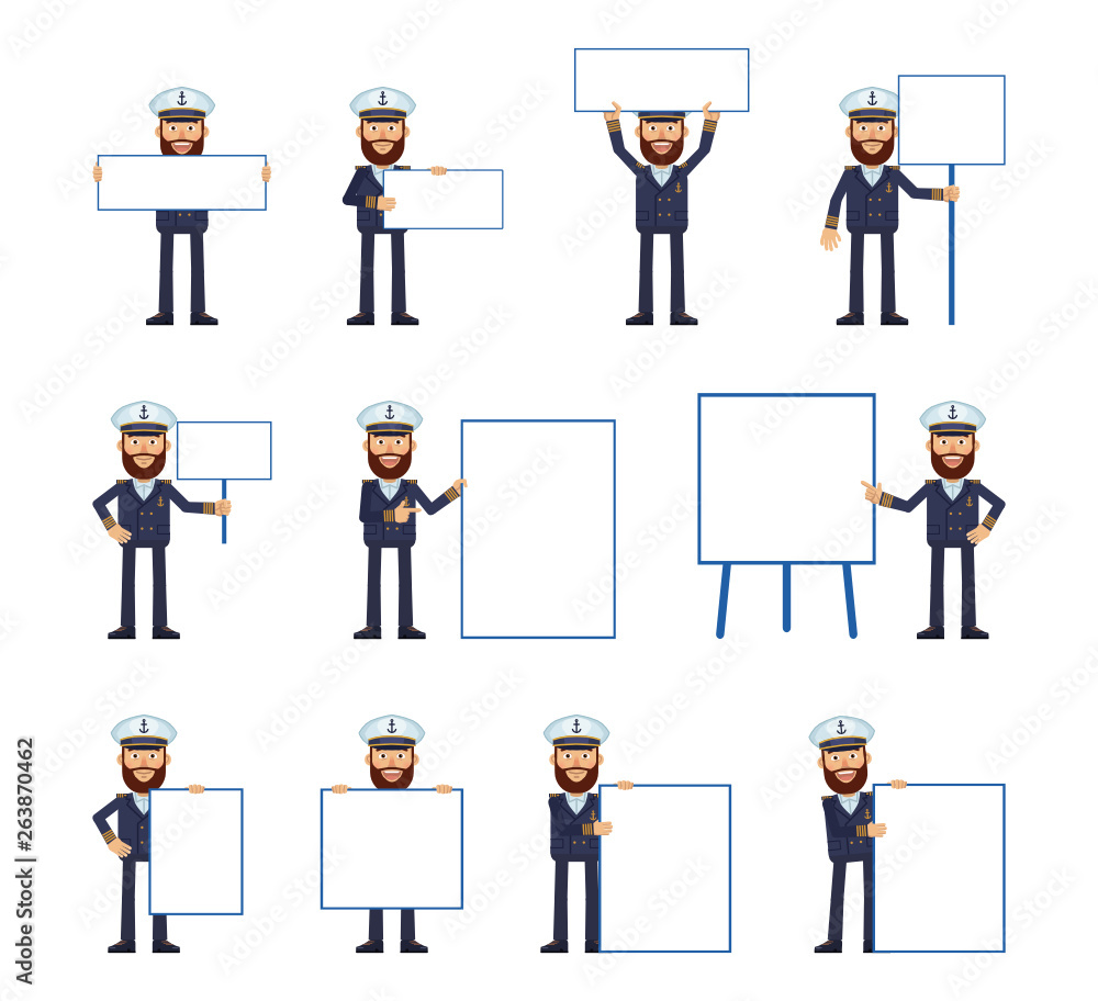 Big set of navy captain characters posing with different blank banners. Cheerful skipper holding paper, poster, placard, pointing to whiteboard. Teach, advertise, promote. Simple vector illustration