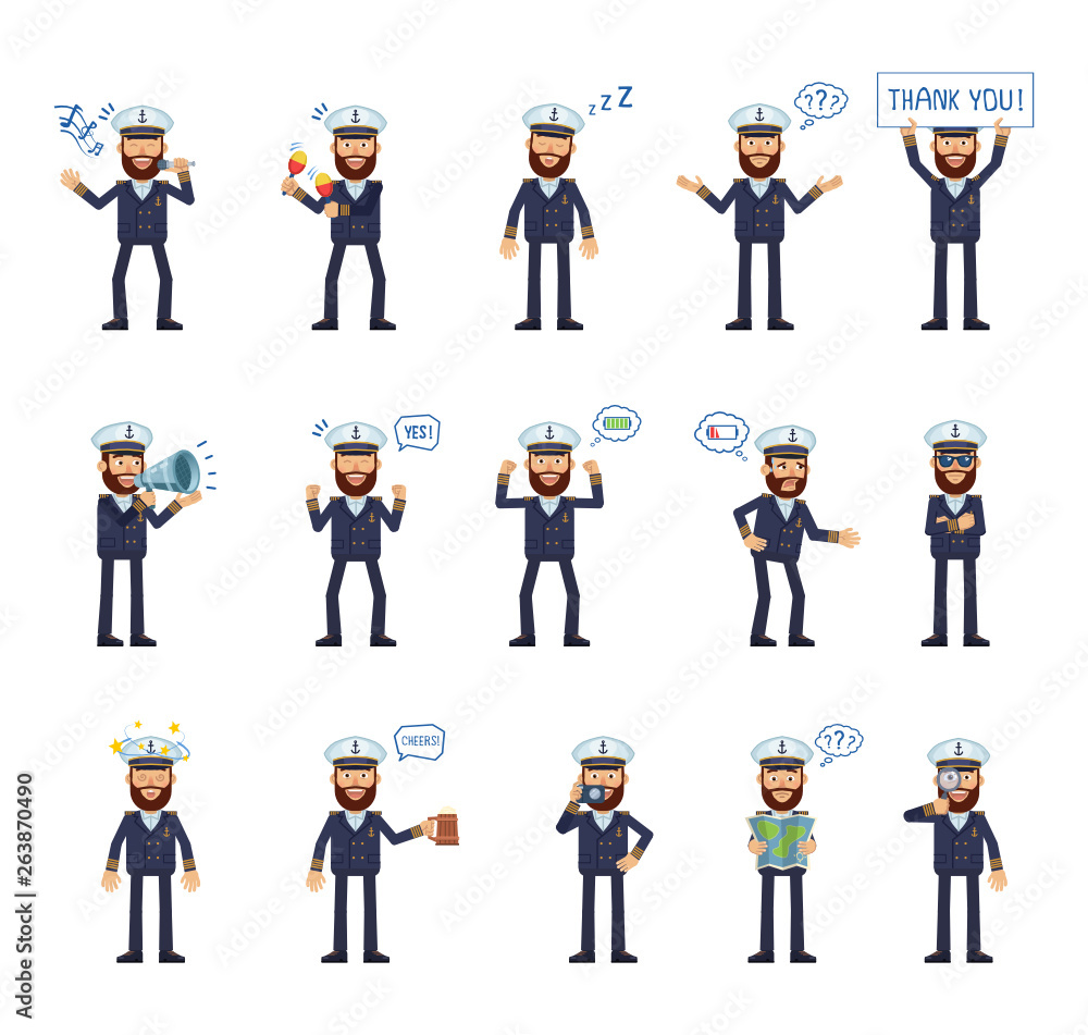 Big set of navy captain characters showing different actions, gestures, emotions. Cheerful skipper singing, sleeping, holding loudspeaker, map, beer and doing other actions. Simple vector illustration