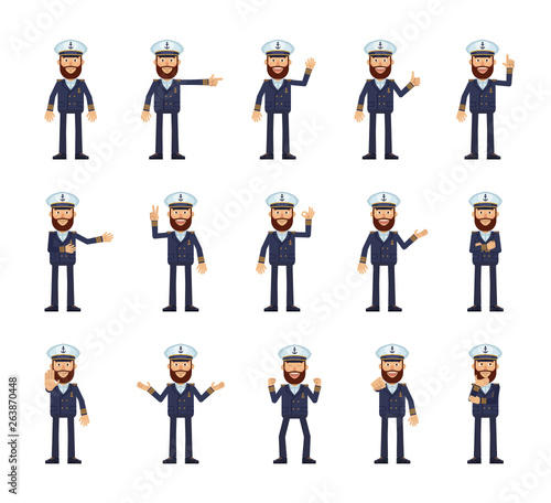 Set of navy captain characters showing different hand gestures. Cheerful skipper showing victory sign, thumb up, this way, pointing, greeting and other hand gestures. Simple vector illustration
