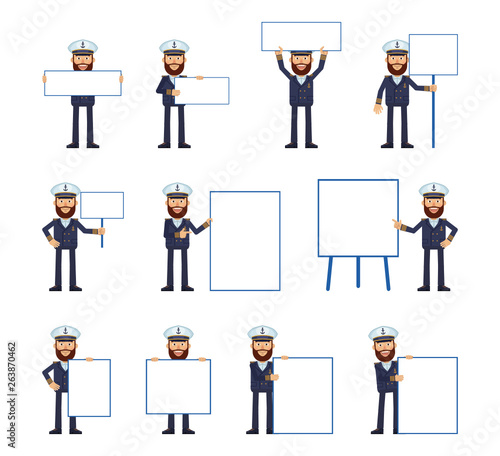 Big set of navy captain characters posing with different blank banners. Cheerful skipper holding paper, poster, placard, pointing to whiteboard. Teach, advertise, promote. Simple vector illustration