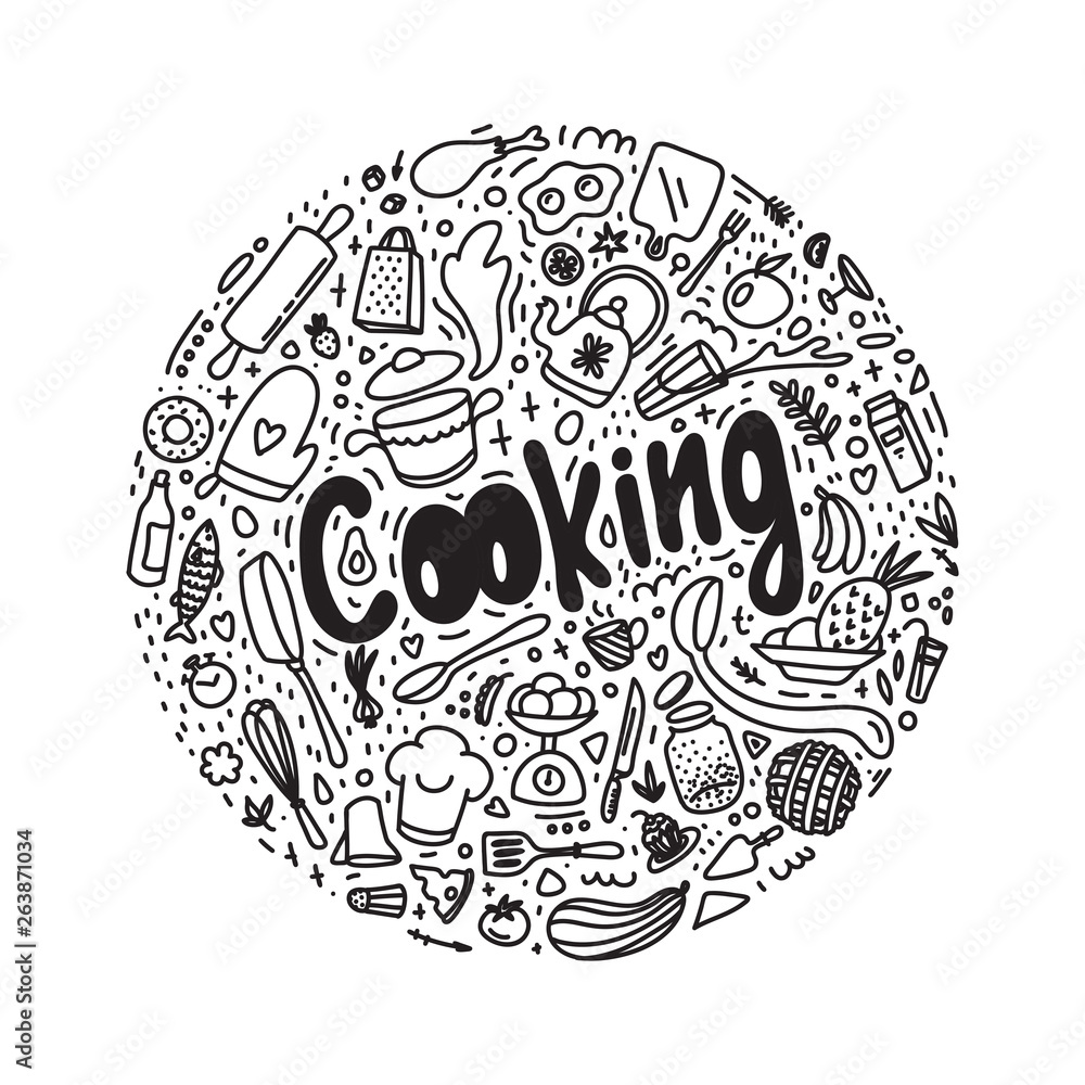 Cooking doodle round illustration. Sketch kitchenware. Ingredients. Kitchen utensil and appliance design elements. Food preparation cliparts. Vector line art. isolated on white background Cooking doodle round illustration. Sketch kitchenware. Ingredients. Kitchen utensil and appliance design elements. Food preparation cliparts. Vector line art. isolated on white background