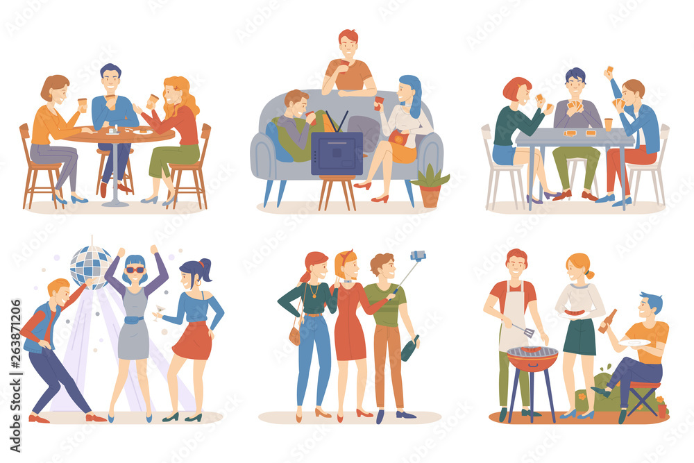 Friends activities vector, people sitting in bar, playing card games and watching tv at home, taking selfie and partying in club, barbeque weekend