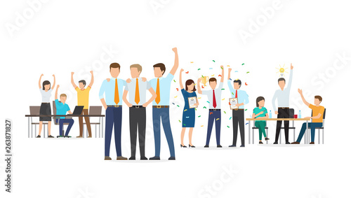 Successful team vector, people celebrating victory and success of project, man with idea for business problems solutions teamwork good job flat style